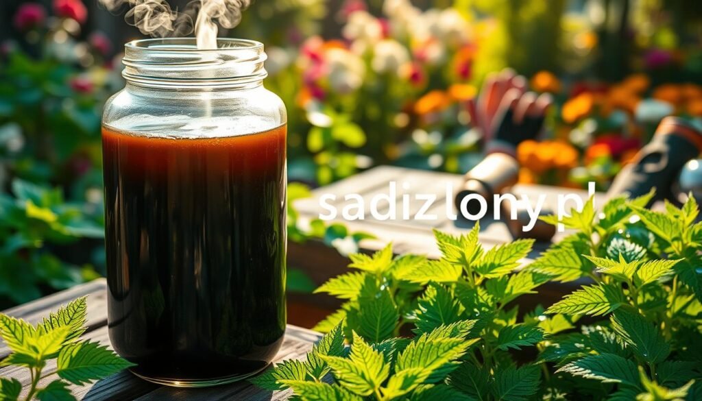 A lush garden scene showcasing "gnojówka pokrzywy," or nettle fertilizer. In the foreground, a large, clear glass jar filled with dark, rich liquid, emanating a slight vapor, indicating fermentation. Surrounding the jar, vibrant, healthy green nettle plants with their distinctive jagged leaves, reflecting morning dew in soft sunlight. In the middle, a rustic wooden gardening table scattered with gardening tools, like a trowel and gloves, hinting at ongoing garden work. The background fades into blurred colorful flower beds, symbolizing the benefits of nettle fertilizer on plant growth. The lighting is warm and inviting, casting gentle shadows, creating a serene atmosphere. Emphasize natural beauty and organic gardening elements. Include the brand name "sadzielony.pl" subtly integrated into the scene. A lush garden scene showcasing "gnojówka pokrzywy," or nettle fertilizer. In the foreground, a large, clear glass jar filled with dark, rich liquid, emanating a slight vapor, indicating fermentation. Surrounding the jar, vibrant, healthy green nettle plants with their distinctive jagged leaves, reflecting morning dew in soft sunlight. In the middle, a rustic wooden gardening table scattered with gardening tools, like a trowel and gloves, hinting at ongoing garden work. The background fades into blurred colorful flower beds, symbolizing the benefits of nettle fertilizer on plant growth. The lighting is warm and inviting, casting gentle shadows, creating a serene atmosphere. Emphasize natural beauty and organic gardening elements. Include the brand name "sadzielony.pl" subtly integrated into the scene.