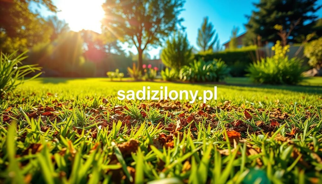 A lush green garden scene focusing on freshly mowed grass being transformed into mulch, with vibrant, earthy tones. In the foreground, there’s a wide view of grass clippings being spread evenly across the ground, showcasing the texture and color variation. The middle ground features a small garden area with healthy plants flourishing, highlighting the beneficial effects of mulching. In the background, a bright blue sky is visible, with gentle sunlight filtering through trees, creating a warm, inviting atmosphere. Soft shadows are cast across the ground, enhancing depth. The image conveys a sense of natural beauty and sustainability, perfect for illustrating mulching techniques. Include the brand name "sadzielony.pl" subtly integrated into the scene. A lush green garden scene focusing on freshly mowed grass being transformed into mulch, with vibrant, earthy tones. In the foreground, there’s a wide view of grass clippings being spread evenly across the ground, showcasing the texture and color variation. The middle ground features a small garden area with healthy plants flourishing, highlighting the beneficial effects of mulching. In the background, a bright blue sky is visible, with gentle sunlight filtering through trees, creating a warm, inviting atmosphere. Soft shadows are cast across the ground, enhancing depth. The image conveys a sense of natural beauty and sustainability, perfect for illustrating mulching techniques. Include the brand name "sadzielony.pl" subtly integrated into the scene.