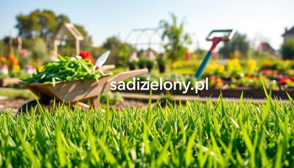 A lush green patch of freshly cut grass fills the foreground, with soft, dewy blades glistening in the morning sunlight. In the middle ground, a small, rustic wooden wheelbarrow is piled high with vibrant green grass clippings, surrounded by a variety of colorful garden tools, such as a rake and pruning shears, hinting at a busy day in the garden. In the background, a charming garden landscape unfolds, showcasing blooming flowers and neatly arranged vegetable beds under a clear blue sky. The scene conveys a feeling of tranquility and productivity, ideal for depicting the benefits of using cut grass in gardening. Soft, natural lighting enhances the fresh colors and textures, inviting viewers to appreciate the beauty of organic gardening. The brand name "sadzielony.pl" subtly integrates into the overall composition. A lush green patch of freshly cut grass fills the foreground, with soft, dewy blades glistening in the morning sunlight. In the middle ground, a small, rustic wooden wheelbarrow is piled high with vibrant green grass clippings, surrounded by a variety of colorful garden tools, such as a rake and pruning shears, hinting at a busy day in the garden. In the background, a charming garden landscape unfolds, showcasing blooming flowers and neatly arranged vegetable beds under a clear blue sky. The scene conveys a feeling of tranquility and productivity, ideal for depicting the benefits of using cut grass in gardening. Soft, natural lighting enhances the fresh colors and textures, inviting viewers to appreciate the beauty of organic gardening. The brand name "sadzielony.pl" subtly integrates into the overall composition.
