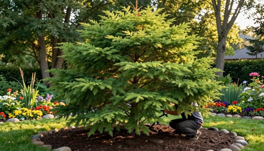 A lush, thriving Canadian cedar (choina kanadyjska) in a garden setting, showcasing healthy green foliage with soft, feathery textures. In the foreground, a worker in casual gardening attire kneels next to the tree, gently pruning its branches. The middle ground features a well-maintained garden bed with rich, dark soil, surrounding the cedar, and bordered by vibrant colorful flowers and small stones for decoration. In the background, tall deciduous trees filter soft sunlight, casting dappled shadows, creating a tranquil atmosphere. The scene is illuminated by warm, golden morning light, emphasizing the tree's lovely shape and form, while the overall mood conveys a sense of peace and care in a well-loved garden space.