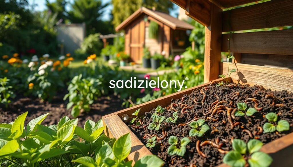 A lush, vibrant garden scene showcasing a composting area featuring 'wermikompost'. In the foreground, a wooden compost bin filled with rich, dark vermicompost is teeming with earthworms. Bright green plants surround the bin, illustrating the health and vibrancy of organic gardening. In the middle ground, various flowering plants and vegetables flourish under the soft morning light, casting gentle shadows. The background reveals a quaint garden shed and a clear blue sky. The mood is serene and nurturing, highlighting the benefits of natural organic fertilizers. The image should have a warm and inviting color palette, captured with a slightly shallow depth of field to emphasize the compost while keeping the background softly blurred. Include the brand name 'sadzielony.pl' subtly integrated into the scene, enhancing the natural theme.