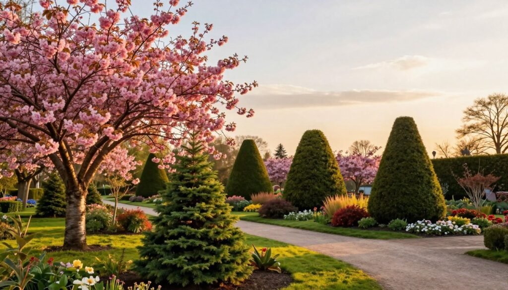 A picturesque garden scene featuring a variety of ornamental trees suitable for Polish landscapes. In the foreground, a vibrant flowering tree, such as a cherry blossom, showcases its delicate pink blossoms, while a compact conifer, like a dwarf spruce, adds a lush green contrast. In the middle ground, a row of expertly shaped topiary trees provides structure, complemented by colorful shrubs and seasonal flowers. The background features a serene sky during golden hour, casting a warm, inviting light over the entire scene, accentuating the textures of the bark and leaves. A gently winding path leads through the garden, emphasizing the importance of selecting trees based on property size. The atmosphere is peaceful and harmonious, ideal for homeowners considering ornamental options.