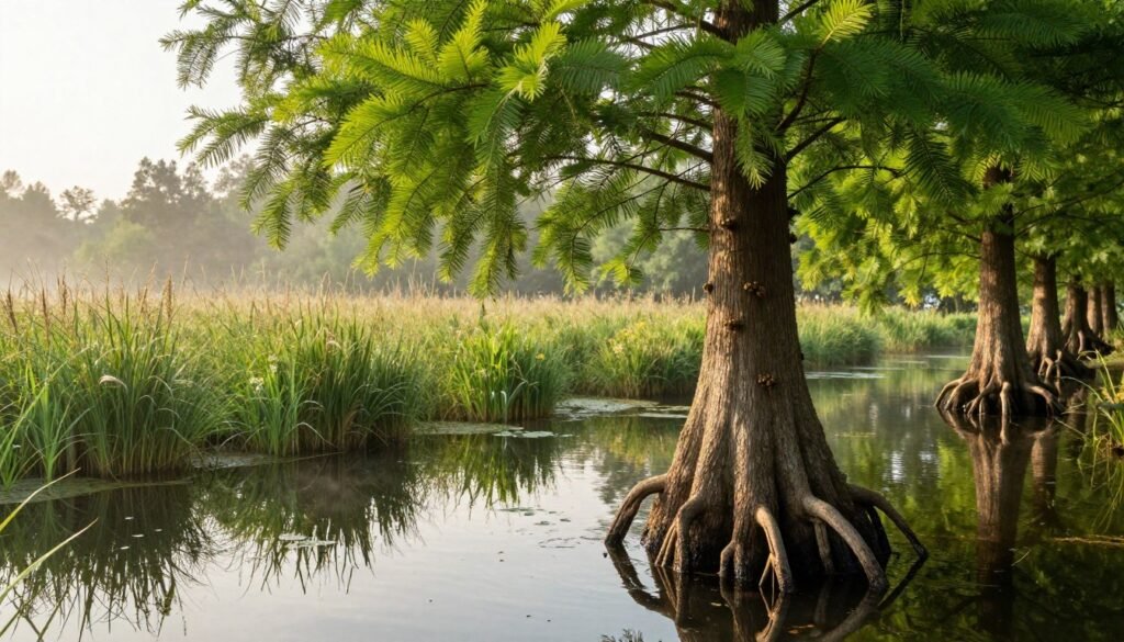 A picturesque wetland scene featuring a "cypryśnik błotny" (Taxodium distichum), showcasing its distinct, feathery green foliage and prominent knobby roots emerging from the water. In the foreground, the tree's textured trunk stands tall, adorned with clusters of small cypress knees. The middle ground reveals the tranquil water reflecting the vibrant greens and soft browns, surrounded by lush grasses and wildflowers, gently swaying in the breeze. In the background, a soft-focus of distant trees and a misty atmosphere adds depth, with the warm glow of soft sunlight filtering through the leaves, creating a serene and inviting mood. Use a wide-angle lens for an expansive view, capturing the natural beauty and unique characteristics of this ornamental tree in its preferred habitat.