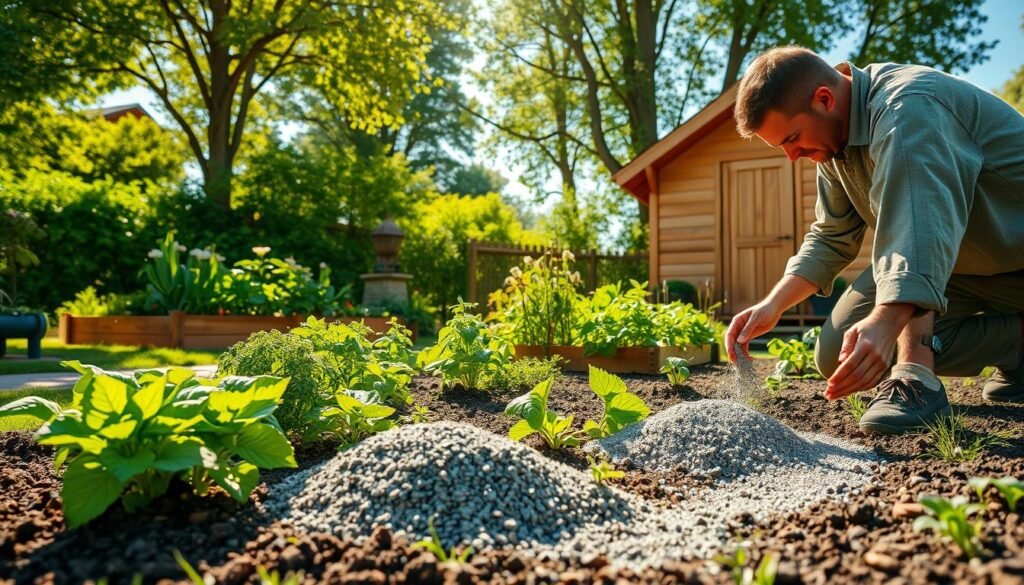 A scenic garden setting, illustrating the use of wood ash as a natural fertilizer. In the foreground, a gardener, dressed in modest casual clothing, kneels on the soil, spreading fine gray ash around vibrant green plants and flowers. The middle ground features a raised garden bed flourishing with various herbs and vegetables, indicating the health benefits of the ash fertilizer. In the background, a cozy wooden shed sits among leafy trees under bright blue skies and soft, golden sunlight filtering through the leaves, creating a warm and inviting atmosphere. Enhance the colors to highlight the contrast between the ash and the lush greenery. This image is perfect for "sadzielony.pl." A scenic garden setting, illustrating the use of wood ash as a natural fertilizer. In the foreground, a gardener, dressed in modest casual clothing, kneels on the soil, spreading fine gray ash around vibrant green plants and flowers. The middle ground features a raised garden bed flourishing with various herbs and vegetables, indicating the health benefits of the ash fertilizer. In the background, a cozy wooden shed sits among leafy trees under bright blue skies and soft, golden sunlight filtering through the leaves, creating a warm and inviting atmosphere. Enhance the colors to highlight the contrast between the ash and the lush greenery. This image is perfect for "sadzielony.pl."
