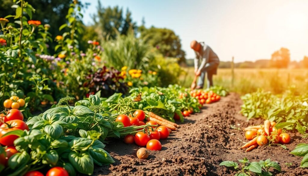 A serene ecological garden illustrating the concept of companion planting with vegetables. In the foreground, vibrant beds of diverse vegetables such as tomatoes, carrots, and basil are interplanted harmoniously, showcasing the benefits of companion planting. The middle ground features a gardener in modest casual clothing, engaged in tending the plants, emphasizing a hands-on approach to gardening. The background reveals a lush landscape with flowering plants, butterflies, and a clear blue sky, enhancing the peaceful atmosphere. The lighting is warm and inviting, simulating late afternoon sunlight that casts soft shadows on the soil. This image should evoke a sense of tranquility and ecological awareness, perfect for representing the theme of sustainable gardening by "sadzielony.pl".