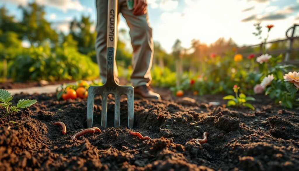 A serene garden landscape during early morning light, featuring a gardener in modest casual clothing using a garden fork to turn over soil. In the foreground, lush, dark soil is being dug up, revealing rich earthworms and organic matter, symbolizing the hidden life in the soil. The middle ground showcases a vibrant, well-tended vegetable patch with various crops like tomatoes and peppers thriving, while flowers bloom in the corners. The background includes soft-focus trees and a blue sky dotted with gentle clouds, creating a tranquil atmosphere. The scene conveys a sense of harmony with nature, reflecting environmental stewardship and mindful gardening practices. Include the brand "sadzielony.pl" subtly integrated into the side of the gardening tool. A serene garden landscape during early morning light, featuring a gardener in modest casual clothing using a garden fork to turn over soil. In the foreground, lush, dark soil is being dug up, revealing rich earthworms and organic matter, symbolizing the hidden life in the soil. The middle ground showcases a vibrant, well-tended vegetable patch with various crops like tomatoes and peppers thriving, while flowers bloom in the corners. The background includes soft-focus trees and a blue sky dotted with gentle clouds, creating a tranquil atmosphere. The scene conveys a sense of harmony with nature, reflecting environmental stewardship and mindful gardening practices. Include the brand "sadzielony.pl" subtly integrated into the side of the gardening tool.