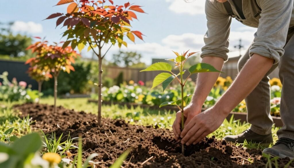 A serene garden scene depicting the planting of 'Colorata' cherry trees, with a focus on young saplings being carefully positioned in rich, dark soil. In the foreground, a gardener wearing modest casual clothing gently holds a sapling, preparing to plant it. The middle ground showcases several newly planted trees with vibrant, colorful foliage, under a bright blue sky. Lush greenery surrounds the scene, enhancing the feelings of growth and nurturing. The background features other garden elements like flowering plants and a distant fence, bathed in warm, golden sunlight to create a hopeful and nurturing atmosphere. The image should convey care and dedication toward gardening, capturing the essence of planting and maintaining young trees.