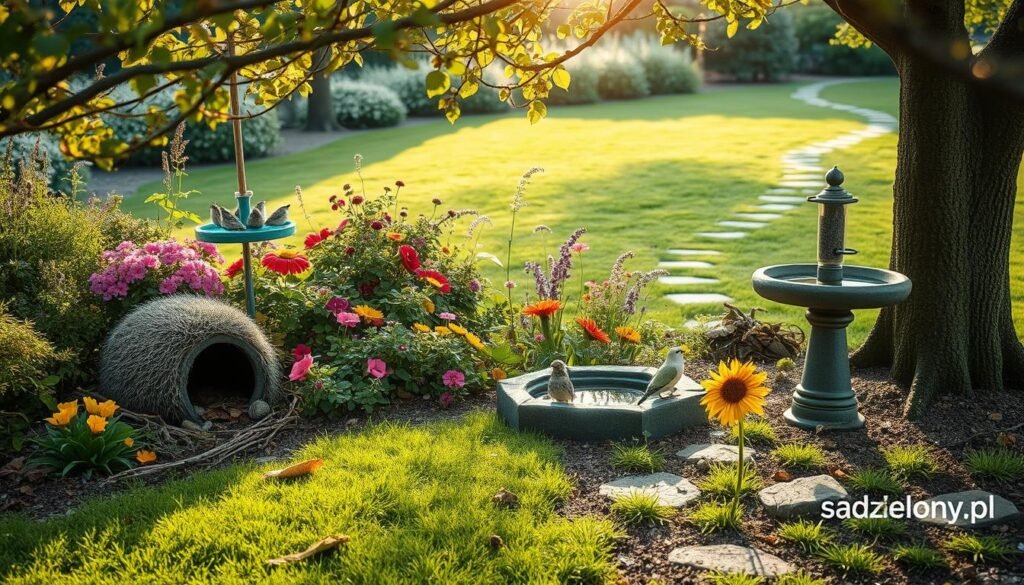 A serene garden scene designed to attract hedgehogs, birds, and beneficial insects. In the foreground, a cozy hedgehog house made of natural materials sits beside a small pile of twigs and leaves, inviting wildlife. The middle ground features vibrant flowering plants and shrubs that provide food and shelter, interspersed with colorful wildflowers. A bird feeder hangs from a nearby tree, while a butterfly bath filled with water glimmers in the sun. The background showcases a lush green lawn with scattered stones and a gently winding path. Soft, warm sunlight filters through the branches, creating a peaceful and inviting atmosphere. The composition uses a gentle depth of field to maintain focus on the wildlife-friendly elements. This image embodies the spirit of a welcoming haven for nature, brought to you by sadzielony.pl. A serene garden scene designed to attract hedgehogs, birds, and beneficial insects. In the foreground, a cozy hedgehog house made of natural materials sits beside a small pile of twigs and leaves, inviting wildlife. The middle ground features vibrant flowering plants and shrubs that provide food and shelter, interspersed with colorful wildflowers. A bird feeder hangs from a nearby tree, while a butterfly bath filled with water glimmers in the sun. The background showcases a lush green lawn with scattered stones and a gently winding path. Soft, warm sunlight filters through the branches, creating a peaceful and inviting atmosphere. The composition uses a gentle depth of field to maintain focus on the wildlife-friendly elements. This image embodies the spirit of a welcoming haven for nature, brought to you by sadzielony.pl.