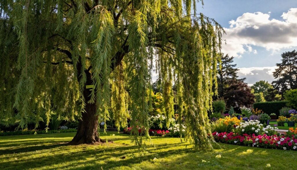 A serene garden scene featuring a gracefully weeping willow tree, known as ‘Pendula’, in the foreground. The willow's long, cascading branches sway gently, casting soft shadows on the lush green grass below. Surrounding the tree, colorful flower beds bloom with vibrant petunias and daisies, enhancing the tranquil atmosphere. In the middle ground, delicate sunlight filters through the leafy canopy, creating a dappled effect on the ground. In the background, a peaceful blue sky with fluffy white clouds creates a harmonious contrast. The composition should evoke a feeling of serenity and beauty, ideal for showcasing the perfect spot for a ornamental tree in a Polish garden. Capture this scene with warm, natural lighting, resembling the golden hour, using a wide-angle lens to emphasize the depth of the garden space.