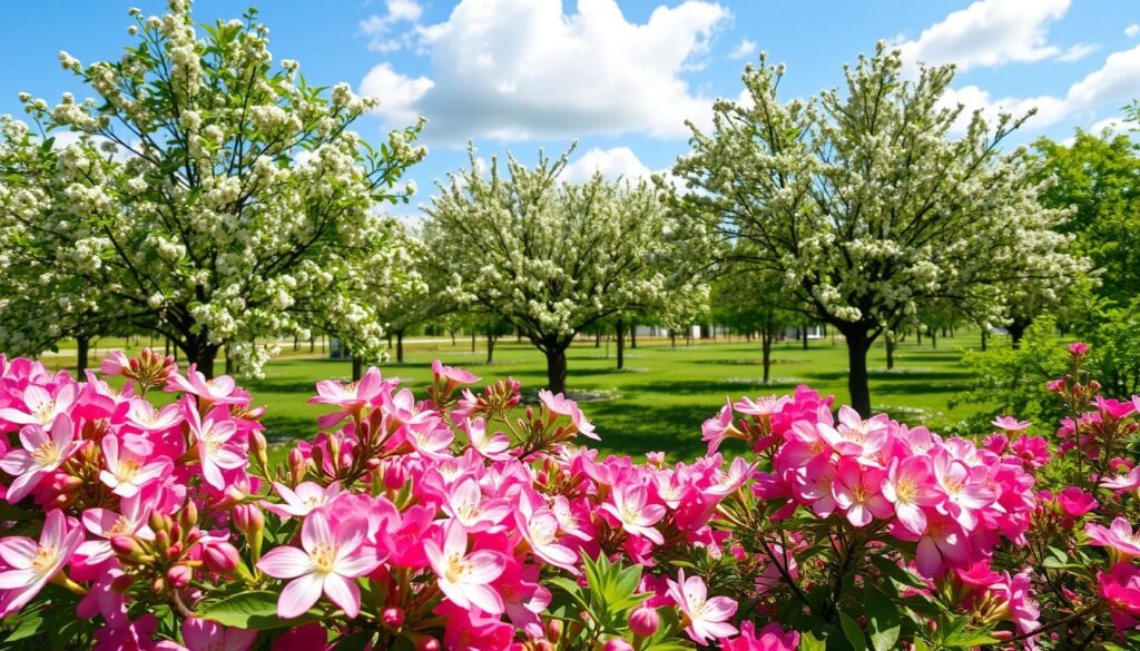 A serene garden scene featuring a variety of flowering trees that attract bees, such as apple, cherry, and linden trees. In the foreground, there are vibrant blossoms in full bloom, rich in color, creating a lively setting. In the middle ground, the trees are spaced evenly, their branches swaying gently, creating a harmonious environment filled with soft sunlight filtering through the leaves. The background showcases a clear blue sky with a few fluffy white clouds, enhancing the peaceful atmosphere. The mood is tranquil and inviting, emphasizing the importance of these honey-producing trees in supporting the ecosystem. The overall composition should feel balanced and picturesque, reminiscent of a flourishing garden from sadzielony.pl.