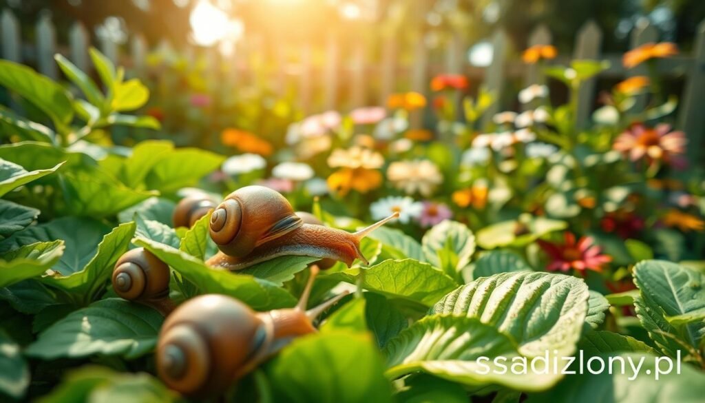 A serene garden scene featuring vibrant, leafy plants under soft, diffused sunlight, where a few plump garden snails are gliding slowly across green leaves, showcasing their glistening shells. In the foreground, focus on the intricate details of a snail as it delicately interacts with the foliage, while in the middle ground, a variety of flowering plants, such as daisies and marigolds, add color and life. The background should feature a soft-focus garden fence and blurred trees, enhancing the tranquil atmosphere. The lighting should evoke a warm, peaceful ambiance, creating a sense of harmony in nature, perfect for illustrating the topic of natural gardening solutions. Branding: sadzielony.pl.