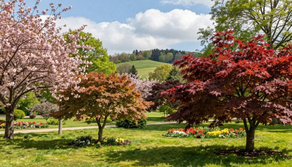 A serene garden scene illustrating ornamental trees thriving in a Polish landscape. In the foreground, showcase a variety of ornamental tree species, such as flowering cherries and graceful maples, their vibrant foliage and blossoms capturing the essence of seasonal beauty. In the middle ground, include lush green grass and well-tended flower beds, with sunlight filtering through the leaves, casting playful shadows. In the background, a gentle rolling hillside should be visible, dotted with a mix of native trees and soft clouds in a clear blue sky. The overall mood is tranquil and inviting, highlighting the aesthetic appeal and the natural charm of ornamental trees in an outdoor setting. Use natural lighting to enhance the colors and textures, with a focus on depth of field, creating a harmonious balance in the composition.