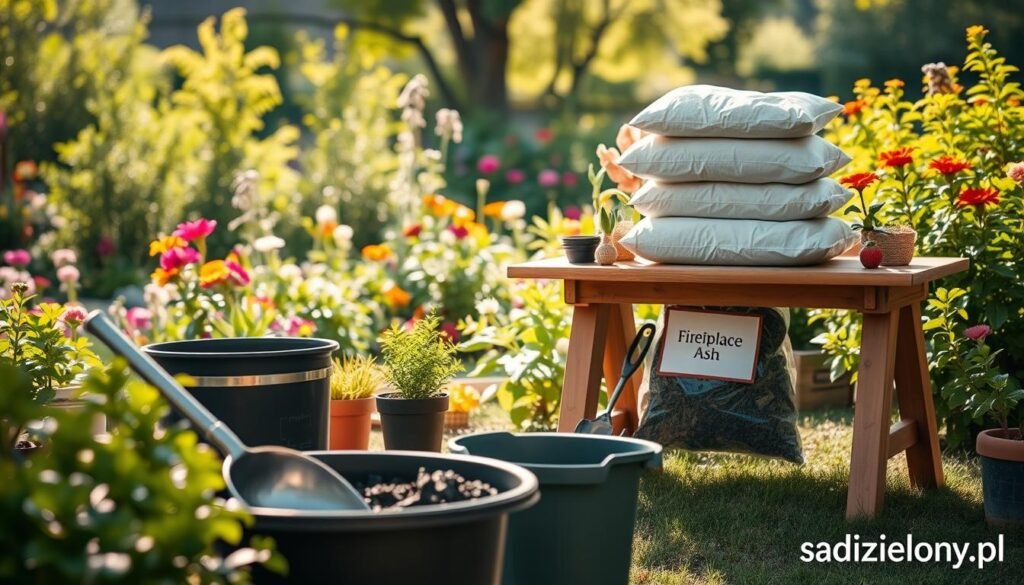 A serene garden scene illustrating the safe preparation and storage of fireplace ash. In the foreground, a neatly arranged workstation with a metal scoop and a compost bin surrounded by potted plants. In the middle ground, a wooden table with bags labeled "Fireplace Ash" stacked neatly beside small gardening tools. The background features a lush garden with vibrant flowers and greenery, illuminated by soft afternoon sunlight filtering through the trees. The atmosphere is calm and informative, emphasizing safety and care. The image should convey professionalism, reflecting the brand "sadzielony.pl". Use a shallow depth of field to focus on the workstation while providing a soft blur to the background. Capture the scene with natural lighting to enhance warmth and clarity. A serene garden scene illustrating the safe preparation and storage of fireplace ash. In the foreground, a neatly arranged workstation with a metal scoop and a compost bin surrounded by potted plants. In the middle ground, a wooden table with bags labeled "Fireplace Ash" stacked neatly beside small gardening tools. The background features a lush garden with vibrant flowers and greenery, illuminated by soft afternoon sunlight filtering through the trees. The atmosphere is calm and informative, emphasizing safety and care. The image should convey professionalism, reflecting the brand "sadzielony.pl". Use a shallow depth of field to focus on the workstation while providing a soft blur to the background. Capture the scene with natural lighting to enhance warmth and clarity.