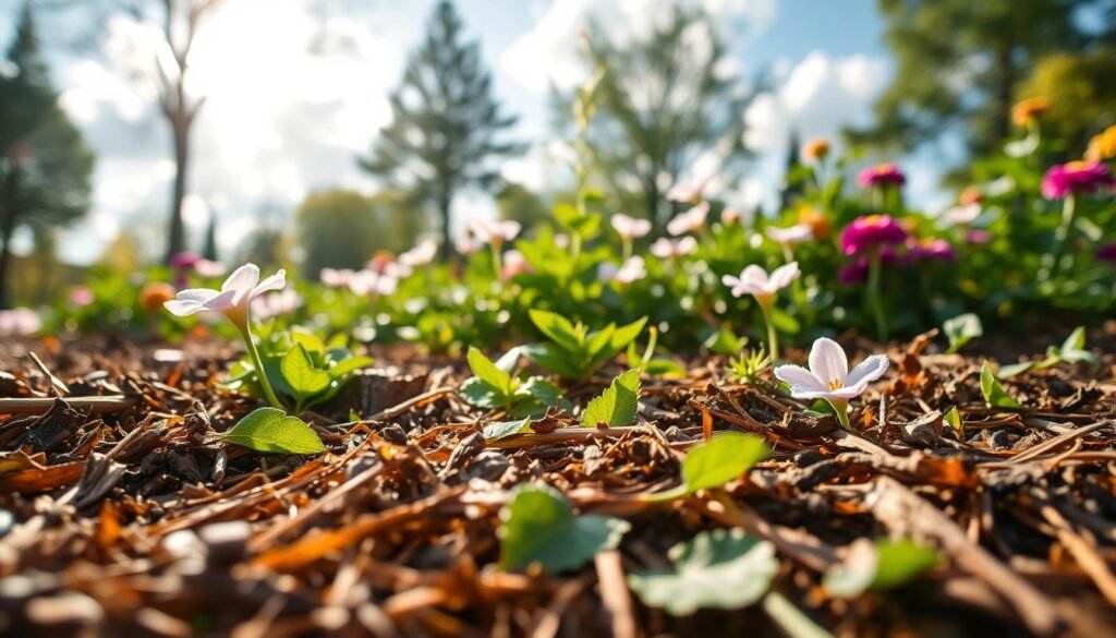 A serene garden scene, showcasing a vibrant flower bed surrounded by a thick layer of organic mulch, illustrating the practice of mulching for moisture retention. In the foreground, close-up details of the mulch, consisting of wood chips, straw, and leaves, are contrasted against the lush green plants. The middle ground features various flowering plants with dew-kissed petals, exuding freshness. In the background, soft focus shows trees and a bright blue sky peeking through fluffy white clouds, creating an inviting atmosphere. Warm, natural sunlight bathes the scene, enhancing colors and textures. The image conveys a sense of tranquility and vitality in nature, perfect for educating about the benefits of mulching in gardening. Include the brand name "sadzielony.pl" subtly integrated into the design.