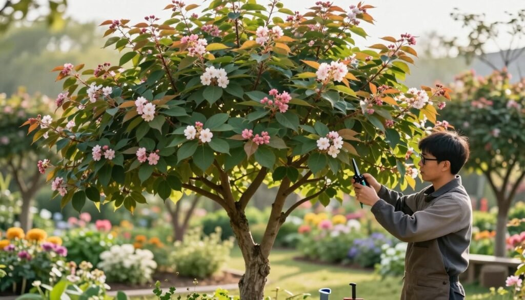 A serene garden scene showcasing the art of trimming a 'Colorata' chokecherry tree. In the foreground, a skilled gardener in modest, professional attire expertly prunes the vibrant green and bronze leaves, with delicate pink and white flowers peeking through. The gardener is holding pruning shears, focused on shaping the tree’s crown. In the middle ground, the chokecherry tree displays its lush, broad canopy with a well-defined shape. Soft morning sunlight filters through the leaves, casting gentle shadows on the ground, enhancing the peaceful atmosphere. The background features a blurred garden setting with colorful flowers and soft greenery, creating a harmonious environment. The overall mood is tranquil and focused, reflecting a nurturing approach to plant care.