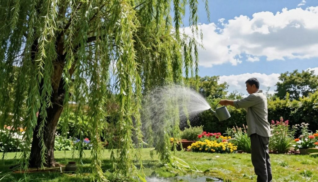A serene garden scene showcasing the art of watering a 'Pendula' willow tree, with lush green, cascading branches reaching towards the ground. In the foreground, a gardener in modest casual clothing, gently watering the plant using a traditional watering can, creating a soft spray of water droplets that catch the light. The middle ground features vibrant colorful flowers and a neatly trimmed lawn, enhancing the visual appeal of the garden. In the background, a bright blue sky with fluffy white clouds adds depth, while dappled sunlight filters through the willow's leaves, creating a tranquil and nurturing atmosphere. The composition is shot from a slightly low angle to emphasize the beauty of the tree and the act of care.