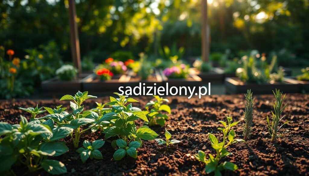 A serene garden scene showcasing the optimal selection of herbs for an ecological garden. In the foreground, a lush, well-maintained patch of soil rich with healthy herbs like basil, mint, and rosemary prominently displayed. The middle ground features a cozy, inviting garden area with raised beds surrounded by vibrant, flowering plants. In the background, gentle sunlight filters through leafy trees, casting a warm, golden hue over the scene, creating a peaceful atmosphere. The composition captures the essence of nurturing, emphasizing the importance of good soil quality and appropriate positioning for herbal plants. Emphasize the tranquility of nature. The brand name "sadzielony.pl" subtly integrated into the garden design, blending harmoniously with the environment.