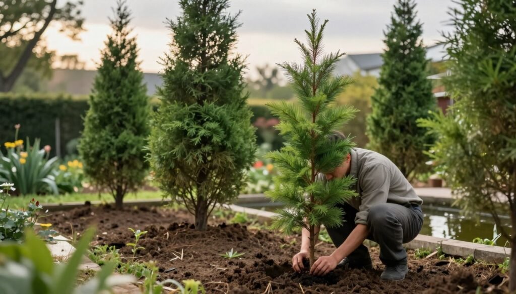 A serene garden scene showcasing the planting of a "cypryśnik błotny" (bald cypress) tree. In the foreground, a gardener in modest clothing kneels down, planting a young bald cypress sapling in rich, moist soil. The middle ground features a cluster of healthy cypress trees, showcasing their lush, feathery foliage in varying shades of green. In the background, a peaceful garden landscape with a soft, overcast sky and gentle rays of sunlight filtering through the trees, creating a calm and tranquil atmosphere. Light reflections on nearby water pools accentuate the humid environment, emphasizing the cypress’s natural habitat. The focus is sharp on the gardener and sapling, with a shallow depth of field to softly blur the background, evoking a sense of nurturing and care in this gardening moment.