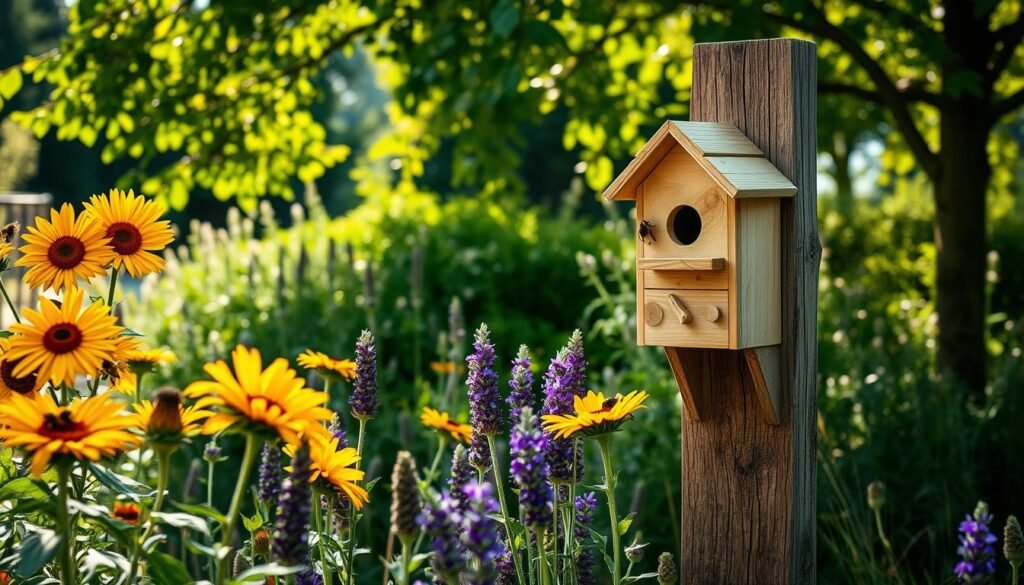 A serene garden setting showcasing an ideal location for placing a bee hotel, with vibrant flowers in the foreground, such as sunflowers and lavender, attracting bees. In the middle ground, there is a beautifully constructed bee hotel made of natural materials, such as wood and bamboo, sitting on a rustic wooden post. The background features lush greenery and sunlight filtering through tree leaves, creating a warm, inviting atmosphere. Soft morning light casts gentle shadows, suggesting a peaceful environment. The overall mood is harmonious and nurturing, emphasizing the importance of supporting pollinators. The scene is designed as a visual guide for choosing the right spot for an insect hotel. Sadzielony.pl.