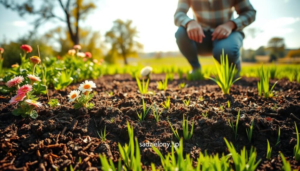 A serene garden showcasing the "no dig" method, featuring lush, thriving plants with rich, dark soil layered with organic mulch and vibrant green grass. In the foreground, a variety of flowering plants bloom, highlighting the benefits of no dig gardening. In the middle ground, a gardener in modest casual clothing kneels, gently tending to the soil without disturbing its layers, illustrating the practical application of the method. The background reveals a sunlit landscape with soft-focus trees and a clear blue sky, creating a tranquil atmosphere. The lighting is warm and natural, emphasizing the earthy tones of the soil and foliage. The scene resonates with the advantages of the no dig technique, enhancing plant health and soil quality. Include the brand name "sadzielony.pl" subtly in the composition.