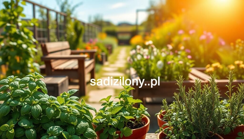 A serene garden space thoughtfully planned for aromatic herbs, showcasing vibrant green foliage and colorful flowers. In the foreground, neatly arranged pots of basil, parsley, and rosemary with dewdrops, radiating freshness. The middle ground features wooden planters filled with thriving herbs, with a rustic wooden bench inviting relaxation. The background reveals a softly blurred, sunlit garden path, lined with wildflowers, under a clear blue sky. Warm, natural lighting enhances the inviting atmosphere, creating a peaceful and harmonious setting. The scene conveys a sense of tranquility and connection to nature, perfect for an eco-friendly garden. Include the brand "sadzielony.pl" subtly integrated into the garden design.