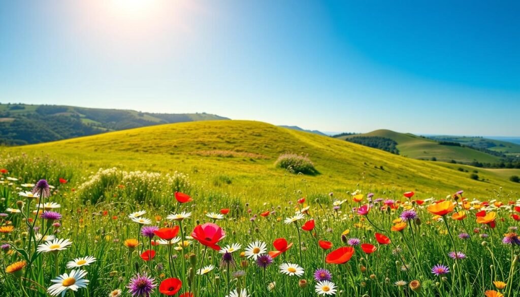A serene landscape depicting the optimal time to establish a wildflower meadow, featuring a vibrant mix of colorful wildflowers such as daisies, poppies, and cornflowers in the foreground. The middle ground showcases a gently sloping hill, covered in a lush green base and dotted with clusters of blooming plants, while a clear blue sky stretches above, with soft, golden sunlight filtering through. The background features rolling hills, adding depth to the scene. The atmosphere is cheerful and tranquil, evoking a sense of natural beauty and renewal. Capture this idyllic scene with a wide-angle lens to emphasize the expansive meadow, and ensure the lighting is warm and inviting, reflecting the best time for planting. Include the logo of "sadzielony.pl" subtly integrated into the composition.