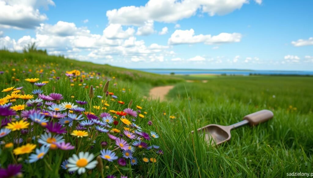 A serene landscape showcasing a flowering meadow in full bloom, illustrating the cost analysis of establishing and maintaining a wildflower meadow versus a traditional eco-lawn. In the foreground, detailed clusters of vibrant wildflowers in various colors like yellow, purple, and blue are mingling with lush green grass. The middle ground features well-maintained paths leading through the meadow, with subtle signs of maintenance, like a small garden tool resting nearby. In the background, a peaceful horizon under a bright blue sky with fluffy white clouds. Soft, natural lighting enhances the freshness of the scene, evoking a sense of tranquility and sustainability. This illustrative composition is provided by "sadzielony.pl".
