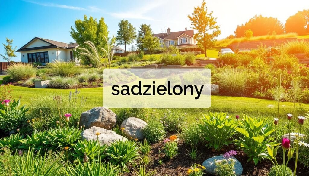 A serene landscape showcasing various types of rain gardens, each seamlessly integrated into a peaceful property. In the foreground, a vibrant rain garden features lush native plants, colorful flowers, and strategically placed boulders, capturing the essence of a sustainable design. The middle ground includes a variety of garden styles: a modern rain garden with sleek lines and ornamental grasses, a traditional cottage-style rain garden brimming with wildflowers, and a sloped rain garden demonstrating effective water management. In the background, a clear blue sky allows soft, natural sunlight to illuminate the scene, creating a tranquil and inviting atmosphere. The scene conveys the practicality and aesthetic appeal of rain gardens, reflecting their relevance for homeowners. Brand logo "sadzielony.pl" subtly integrated into the landscape. A serene landscape showcasing various types of rain gardens, each seamlessly integrated into a peaceful property. In the foreground, a vibrant rain garden features lush native plants, colorful flowers, and strategically placed boulders, capturing the essence of a sustainable design. The middle ground includes a variety of garden styles: a modern rain garden with sleek lines and ornamental grasses, a traditional cottage-style rain garden brimming with wildflowers, and a sloped rain garden demonstrating effective water management. In the background, a clear blue sky allows soft, natural sunlight to illuminate the scene, creating a tranquil and inviting atmosphere. The scene conveys the practicality and aesthetic appeal of rain gardens, reflecting their relevance for homeowners. Brand logo "sadzielony.pl" subtly integrated into the landscape.