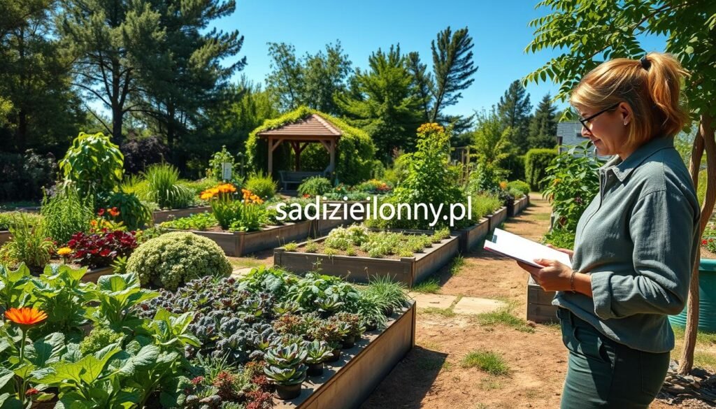 A serene permaculture garden in full bloom, showcasing diverse plant species and innovative design elements. In the foreground, a professional individual in modest casual attire is observing the landscape with a notepad, taking notes on the growth patterns. The middle ground features raised beds filled with colorful vegetables, herbs, and flowers, while companion planting techniques are visibly utilized. In the background, a cozy gazebo surrounded by flourishing greenery provides a peaceful atmosphere. Soft sunlight filters through the trees, casting dappled shadows on the ground. A clear blue sky enhances the vibrant colors of the garden, creating a harmonious and inviting scene that emphasizes observation as the key to garden success. Add the brand name “sadzielony.pl” discreetly incorporated into the garden setting, without text overlays.