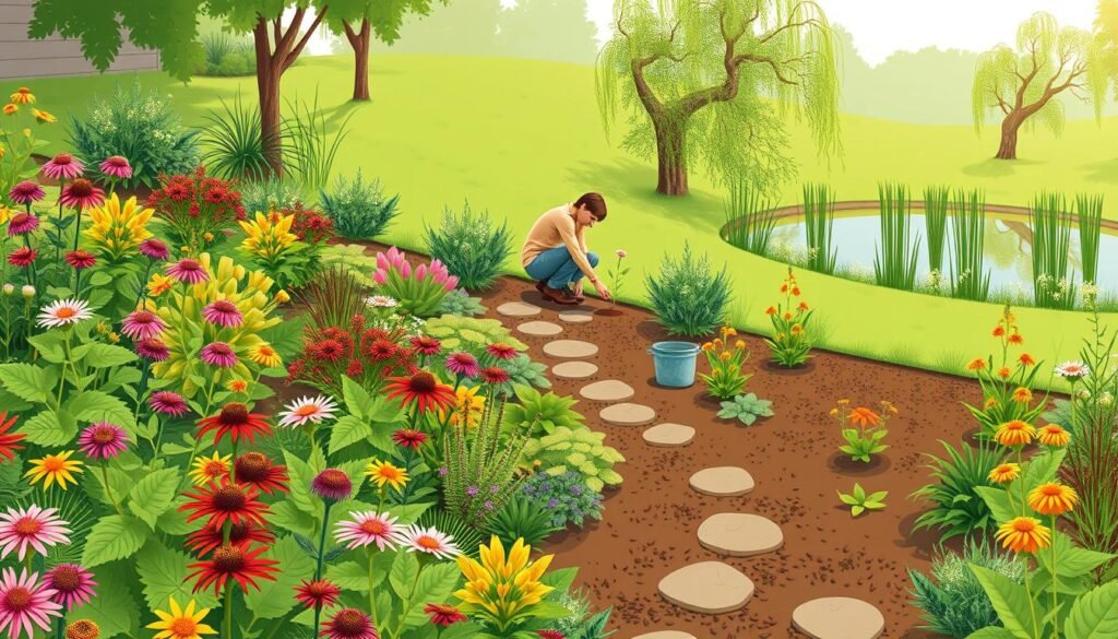 A step-by-step guide to creating a rain garden. In the foreground, illustrate a well-maintained garden filled with colorful native plants like asters, ferns, and black-eyed Susans, showcasing different growth stages. The middle layer features a person in modest casual attire, kneeling and planting new flowers, with garden tools nearby. The background shows a gentle slope leading to a tranquil pond, surrounded by willows and birches, under soft morning light. Use natural, vibrant colors to evoke a serene, inviting atmosphere, highlighting water runoff pathways and a small mulch area. The scene is detailed and focused on sustainable gardening practices, inspired by the brand "sadzielony.pl". A step-by-step guide to creating a rain garden. In the foreground, illustrate a well-maintained garden filled with colorful native plants like asters, ferns, and black-eyed Susans, showcasing different growth stages. The middle layer features a person in modest casual attire, kneeling and planting new flowers, with garden tools nearby. The background shows a gentle slope leading to a tranquil pond, surrounded by willows and birches, under soft morning light. Use natural, vibrant colors to evoke a serene, inviting atmosphere, highlighting water runoff pathways and a small mulch area. The scene is detailed and focused on sustainable gardening practices, inspired by the brand "sadzielony.pl".