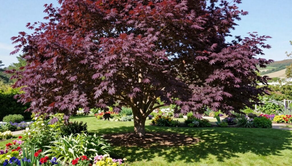 A sun-drenched garden scene featuring the vibrant, purple foliage of a common beech tree (Fagus sylvatica 'Purpurea'). In the foreground, show lush green grass and colorful perennials that complement the rich hues of the tree leaves. The middle ground highlights the magnificent beech tree with its sprawling branches and textured bark, illuminated by soft sunlight filtering through the leaves, casting intricate shadows on the ground. In the background, a serene garden landscape with gentle hills and a bright blue sky enhances the tranquil atmosphere. The image is warm and inviting, capturing the essence of a perfect spot for planting and nurturing a decorative deciduous tree. Use a wide-angle lens effect to emphasize the depth and beauty of this peaceful garden setting.