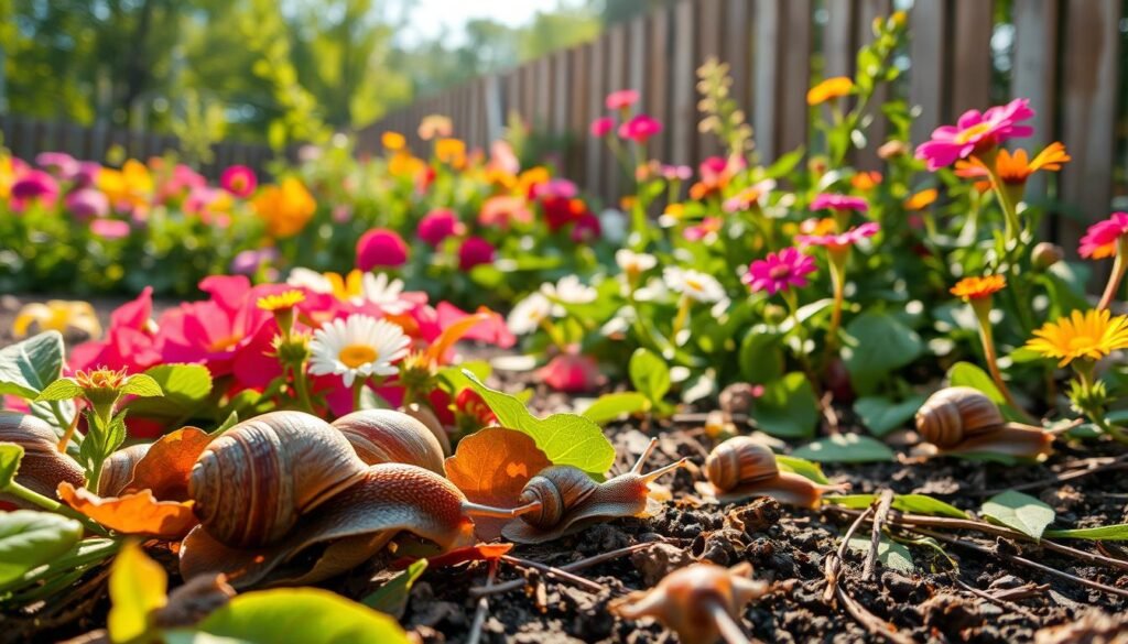 A tranquil garden scene featuring a variety of colorful flowers and lush green foliage, with multiple garden snails (ślimaki) crawling gracefully over leaves and soil. In the foreground, a few snails are prominently displayed, showcasing their textured shells and delicate antennae, glistening in the soft morning light. The middle ground reveals a vibrant mix of blooming flowers and leafy plants, creating a rich tapestry of colors. In the background, a wooden fence and gently swaying trees create a serene and natural atmosphere. The lighting is warm and inviting, emphasizing the peaceful coexistence of nature. This image is created for a gardening website, "sadzielony.pl", conveying a sense of harmony and eco-friendliness.