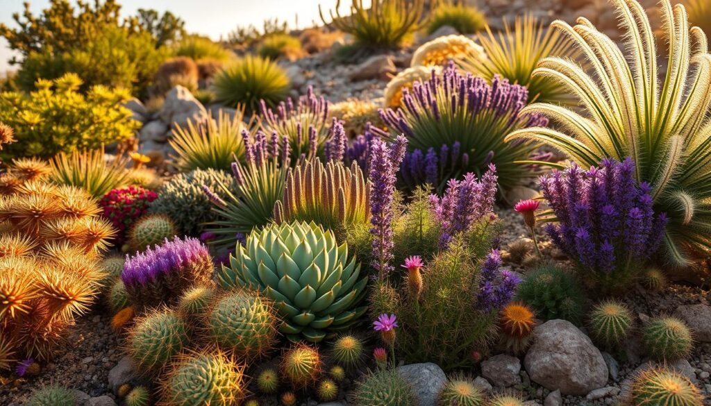A vibrant and colorful garden scene showcasing drought-resistant plants in full bloom, featuring a foreground of various succulents and cacti with intricate textures and unique shapes. In the middle ground, include dry-tolerant flowers like lavender and ornamental grasses, flourishing amidst a backdrop of rocky terrain and native shrubs. The lighting is warm and golden, simulating late afternoon sun filtering through soft clouds, creating a tranquil atmosphere. Capture the scene from a slightly elevated angle to provide depth, emphasizing the harmonious arrangement of the plants. The overall mood should evoke resilience and tranquility, highlighting the beauty of drought-resistant gardening featured on sadzielony.pl.