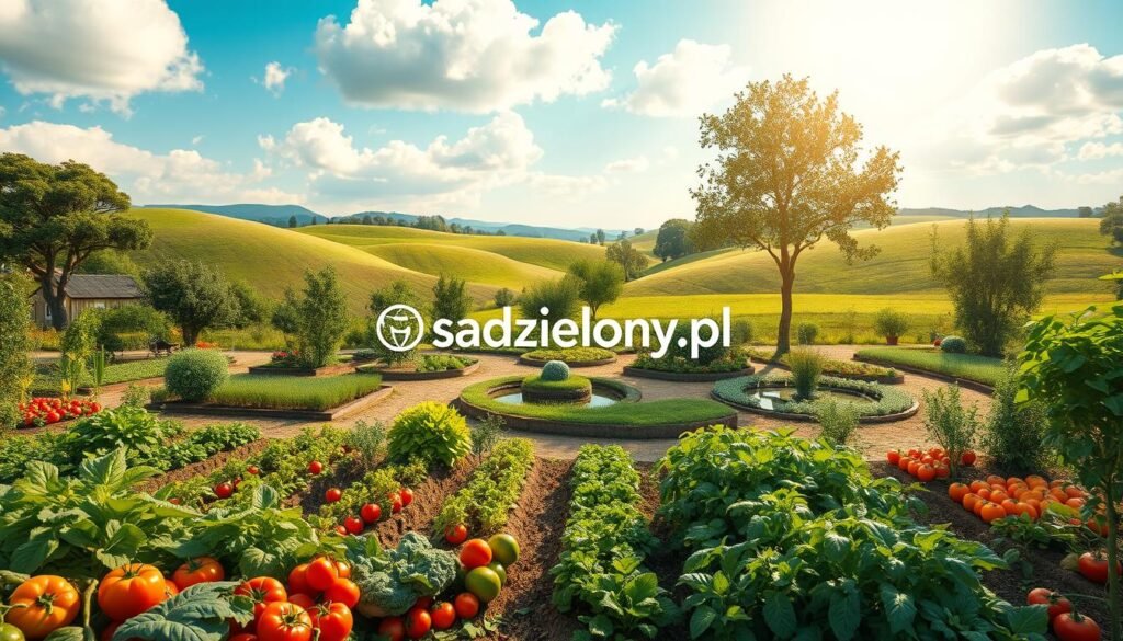 A vibrant and detailed garden scene illustrating the concept of "designing zones and sectors" in permaculture. In the foreground, a well-arranged vegetable patch features a variety of crops such as tomatoes, peppers, and leafy greens, organized in neat rows. The middle ground showcases distinct zones, including a fruit tree area, a herb spiral, and a small pond, all interconnected by winding pathways. In the background, gently rolling hills and a bright blue sky filled with soft, fluffy clouds create a serene atmosphere. Sunlight filters through the trees, casting warm, dappled light across the landscape. The composition should feel harmonious and inviting, reflecting the principles of permaculture. Include the brand name "sadzielony.pl" subtly within the scenery, ensuring it blends seamlessly with the overall design.