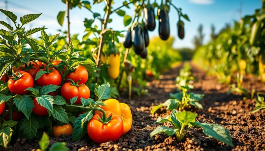 A vibrant and detailed garden scene showcasing various nightshade vegetables, including tomatoes, peppers, and eggplants, growing in a well-organized vegetable bed. In the foreground, lush green foliage envelops ripe red tomatoes and bright yellow peppers, while deep purple eggplants hang gracefully. The middle ground features rich, brown soil with distinct rows of these vegetables, slightly wilted from lack of water, hinting at common gardening mistakes. In the background, a soft-focus view of a sunny blue sky enhances the lively color palette. The lighting is warm and inviting, mimicking golden hour, with gentle shadows cast by the vegetables. This image should reflect the theme of misplacement among garden plants. Designed for sadzielony.pl, the composition will draw attention while emphasizing the importance of proper vegetable pairing.