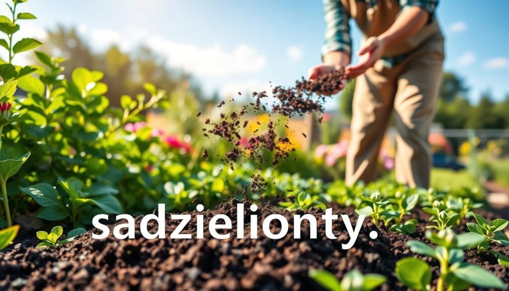 A vibrant and detailed illustration of organic fertilizer, showcasing rich, dark biohumus or compost being spread across a lush garden bed. In the foreground, focus on a gardener gently scattering the organic material, wearing modest casual attire for a professional look. The middle ground features thriving plants bursting with green leaves, with colorful flowers peeking through. In the background, a serene garden landscape with a clear blue sky and soft sunlight filtering through. Use a shallow depth of field to enhance the foreground gardener while keeping the plants slightly blurred, emphasizing their health and vitality. The atmosphere should be inviting and vibrant, embodying the benefits of using organic fertilizers. Include the brand name "sadzielony.pl" subtly integrated into the scene as part of the garden design elements, ensuring it remains unobtrusive.
