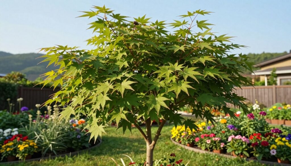 A vibrant and idyllic scene of a "klon palmowy" (Acer palmatum), also known as the Japanese maple, standing gracefully in a small garden. In the foreground, the tree showcases its striking, finely dissected green leaves, glowing in the soft afternoon sunlight. The middle ground features lush, well-kept flower beds bursting with colorful blooms that complement the tree's foliage. The background reveals a quaint garden fence and gently rolling hills, framed by a clear blue sky. The angle captures a low perspective, emphasizing the tree's elegant form and intricate leaf patterns. The mood is tranquil and inviting, ideal for leisurely afternoons in a small garden setting.