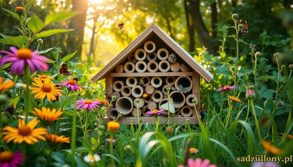 A vibrant and inviting insect hotel nestled in a lush garden environment. The hotel is intricately designed with various compartments made of wood and natural materials, showcasing holes and tubes for different types of insects. In the foreground, colorful wildflowers bloom, attracting bees and butterflies. The middle ground features the insect hotel, surrounded by green foliage and grasses glistening with morning dew, emphasizing a thriving ecosystem. In the background, soft sunlight filters through the treetops, casting a warm glow on the scene, creating an enchanting atmosphere. The composition is framed with a shallow depth of field to emphasize the insect hotel as the focal point. The image should exude a sense of harmony with nature, aligned with the brand "sadzielony.pl".