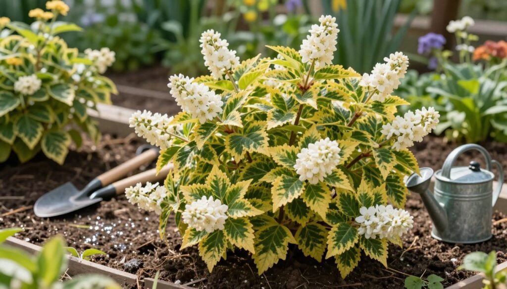 A vibrant and lush garden scene featuring Czeremcha colorata, or 'Colorata' chokecherry, prominently in the foreground. The plant is adorned with decorative foliage that showcases its unique variegated leaves in shades of green and gold, as well as clusters of fragrant, delicate blossoms. The middle ground includes a well-maintained garden soil that reflects ideal conditions for growth, perhaps with a slight sheen of moisture, and tools for cultivation, such as a trowel and watering can. In the background, a softly blurred outline of other ornamental plants adds depth. The lighting is bright and natural, simulating a sunny afternoon, with soft shadows that enhance the textures of the leaves. Capture a serene and inviting atmosphere, emphasizing the beauty and health of the Czeremcha colorata in its thriving habitat.