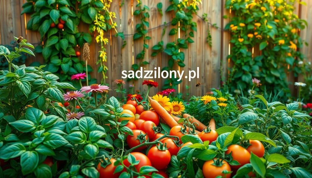 A vibrant and lush garden scene showcasing the benefits of companion planting in an eco-friendly vegetable garden. In the foreground, diverse vegetables such as tomatoes, carrots, and basil are flourishing together, their leaves intertwined harmoniously. Each plant exhibits a rich palette of greens, reds, and oranges, conveying health and vitality. In the middle ground, a variety of flowering plants attract beneficial insects like bees and butterflies, illustrating natural pest control. The background features a serene wooden fence draped with climbing plants, illuminated by warm, soft sunlight filtering through, casting gentle shadows. The atmosphere should feel peaceful and nurturing, inviting viewers to appreciate the interconnectedness of nature. Include the brand name "sadzielony.pl" subtly integrated into the scene, maintaining focus on the natural beauty.