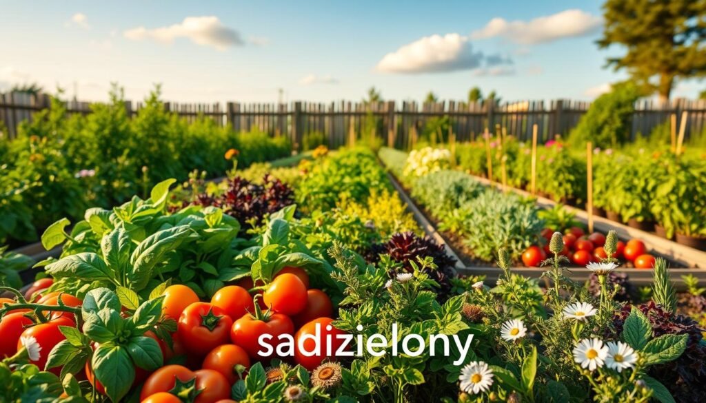 A vibrant and lush vegetable and herb garden, capturing the essence of "edible beds." In the foreground, a variety of colorful vegetables such as tomatoes, bell peppers, and lettuce intermingle with aromatic herbs like basil, rosemary, and thyme. The middle ground features neat rows of plants, meticulously arranged in raised garden beds, surrounded by blooming flowers that attract pollinators. The background showcases a clear blue sky with a few fluffy clouds and a rustic wooden fence. Soft, warm lighting bathes the scene in a golden hue, creating a welcoming and serene atmosphere. The perspective is slightly elevated, as if taken from a gardener's viewpoint, revealing the intricate details and lush greenery of the garden. Include the brand "sadzielony.pl" subtly within the natural scene. A vibrant and lush vegetable and herb garden, capturing the essence of "edible beds." In the foreground, a variety of colorful vegetables such as tomatoes, bell peppers, and lettuce intermingle with aromatic herbs like basil, rosemary, and thyme. The middle ground features neat rows of plants, meticulously arranged in raised garden beds, surrounded by blooming flowers that attract pollinators. The background showcases a clear blue sky with a few fluffy clouds and a rustic wooden fence. Soft, warm lighting bathes the scene in a golden hue, creating a welcoming and serene atmosphere. The perspective is slightly elevated, as if taken from a gardener's viewpoint, revealing the intricate details and lush greenery of the garden. Include the brand "sadzielony.pl" subtly within the natural scene.