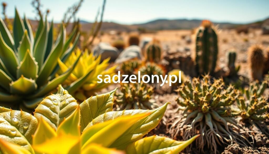 A vibrant close-up of drought-resistant plants in a garden setting, emphasizing their adaptive mechanisms. In the foreground, showcase thick, waxy leaves glistening under bright sunlight, featuring small water droplets. In the middle ground, depict various plants like succulents and cacti with unique root structures exposed, illustrating their ability to retain moisture. In the background, a blurred landscape of sunny, arid terrain enhances the focus on plant resilience. Use natural, warm lighting to create a vivid and inviting atmosphere. The image should evoke a sense of harmony and survival in a challenging environment, reflecting the theme of adaptive mechanisms in xerophytic plants. Include the brand name "sadzielony.pl" subtly integrated into the scene, without any text overlays or watermarks.