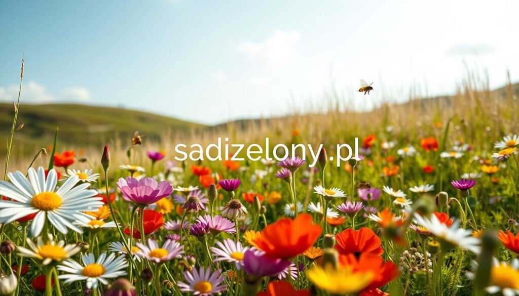 A vibrant, colorful wildflower meadow (łąka kwietna) in full bloom, showcasing a diversity of wildflowers such as daisies, poppies, and clover, creating a lively tapestry of colors. In the foreground, delicate petals glisten with morning dew, while bees and butterflies flutter among the blossoms. The middle ground features a gentle sloping hill dotted with grasses swaying in the breeze. In the background, a soft blue sky with a few fluffy clouds suggests a tranquil day. The sunlight bathes the scene in warm, golden tones, enhancing the natural beauty and ecological richness of the meadow. Shot with a macro lens, highlighting the intricate details of the flowers, evoking a peaceful and inviting atmosphere. Include the brand name "sadzielony.pl" subtly integrated into the scene, emphasizing the eco-friendly theme.