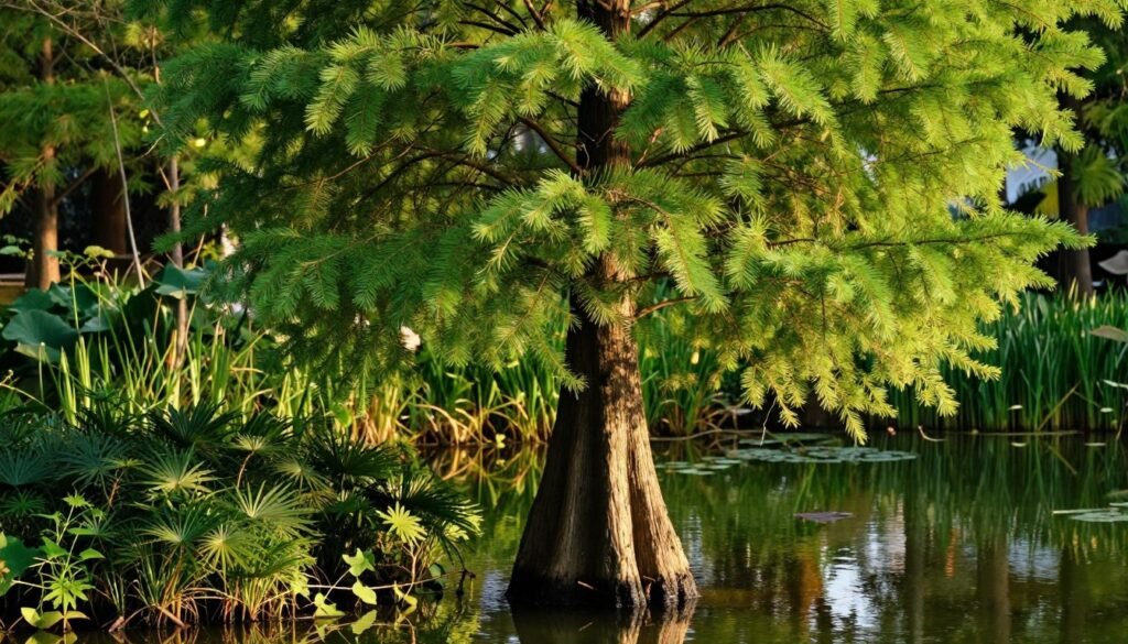 A vibrant cypress tree (Taxodium distichum), commonly known as bald cypress, standing gracefully in a lush, wetland setting. In the foreground, rich green foliage and healthy knees, or roots, emerge from the water, showcasing the tree's unique adaptation to moist environments. The middle ground features the tall, slender trunk of the cypress, with distinctive, feathery, needle-like leaves that shimmer in soft sunlight. In the background, a serene pond reflects the tree's silhouette, surrounded by other wetland plants and gentle ripples. The lighting is warm and inviting, capturing the tranquil atmosphere of a humid garden during golden hour. The perspective is slightly low, emphasizing the height and majesty of the tree. Overall, evoke a calm and harmonious mood, illustrating the ideal habitat for this ornamental gem.