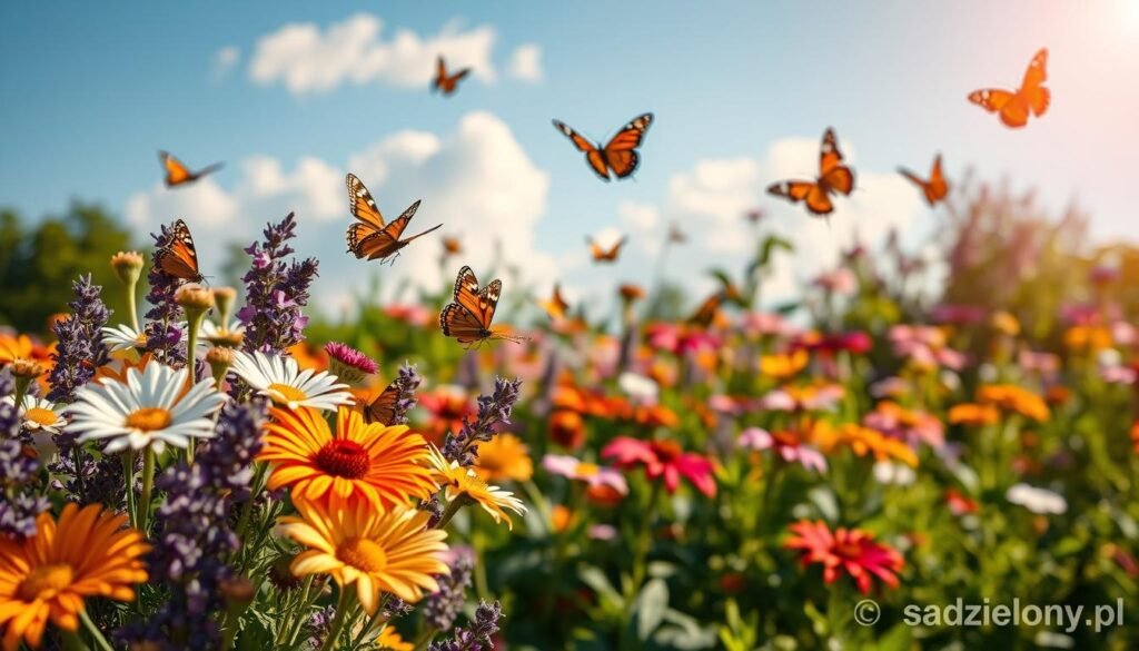 A vibrant garden filled with colorful flowers attracting various butterflies in a sunlit setting. In the foreground, a cluster of diverse blooms such as daisies, lavender, and zinnias, with butterflies fluttering around, showcasing their intricate patterns and vivid colors. In the middle ground, a soft-focus view of more flowers and lush green foliage, creating a lush, inviting atmosphere. The background features a clear blue sky with a few fluffy white clouds and gentle sunlight casting warm, golden hues across the scene. The overall mood is cheerful and serene, emphasizing the beauty of nature and the allure of a butterfly-friendly garden. Photographed with a shallow depth of field to highlight the foreground butterflies. Image from sadzielony.pl.