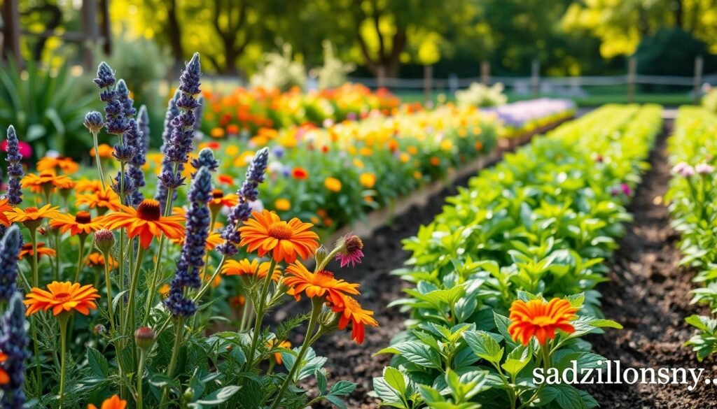 A vibrant garden scene featuring a variety of flowering seedlings that attract pollinators, specifically highlighting honey-producing plants suitable for a small garden. In the foreground, lush, colorful flowers like lavender, marigold, and bee balm bloom, their vibrant colors contrasting beautifully. The middle ground showcases neatly organized rows of young plants with healthy green foliage, hinting at their potential for growth. In the background, a soft-focus view of an inviting, sunny garden space with gentle sunlight filtering through trees enhances the warmth and allure of the scene. The atmosphere should feel serene and nurturing, inviting gardeners to consider these choices for their gardens. Include a subtle branding element with "sadzielony.pl" in the lower corner of the image.