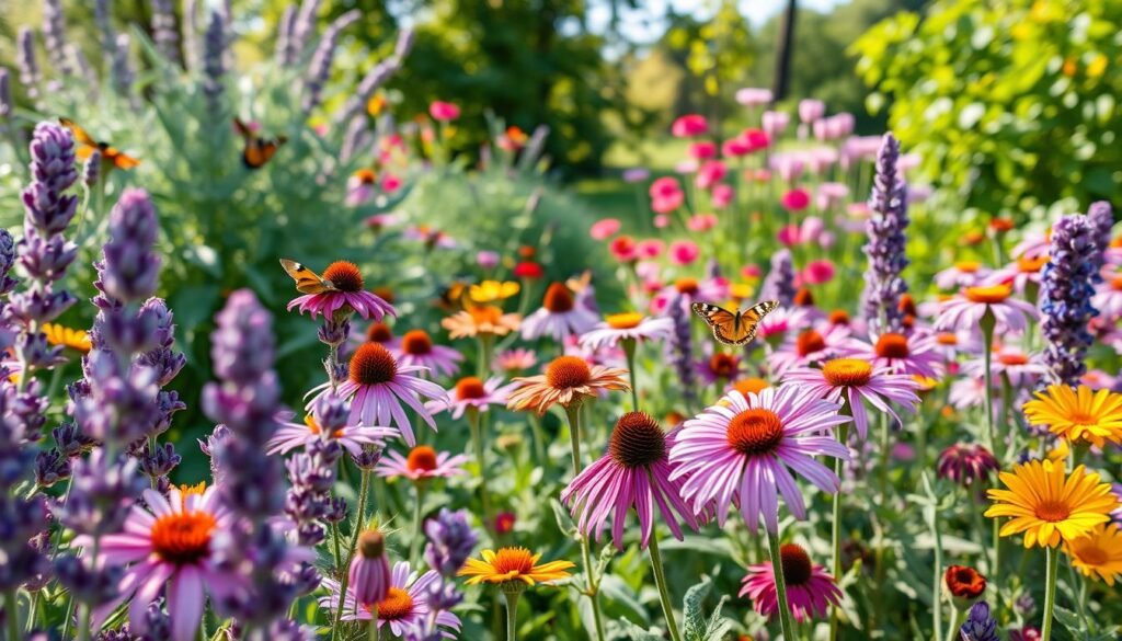 A vibrant garden scene featuring a variety of nectar-rich plants attracting butterflies and pollinators. In the foreground, colorful flowers such as lavender, coneflowers, and bee balm are in full bloom, with butterflies fluttering around them. The middle ground showcases lush green foliage and more clusters of flowering plants, creating a lively and inviting atmosphere. In the background, soft sunlight filters through the trees, casting dappled shadows on the garden. The image should have a bright, cheerful mood, emphasizing the beauty and diversity of these plants. Capture the essence of a thriving pollinator-friendly garden, perfect for an article on the best nectar-providing plants. The brand "sadzielony.pl" is subtly referenced in the style of the image, enhancing its professional look.