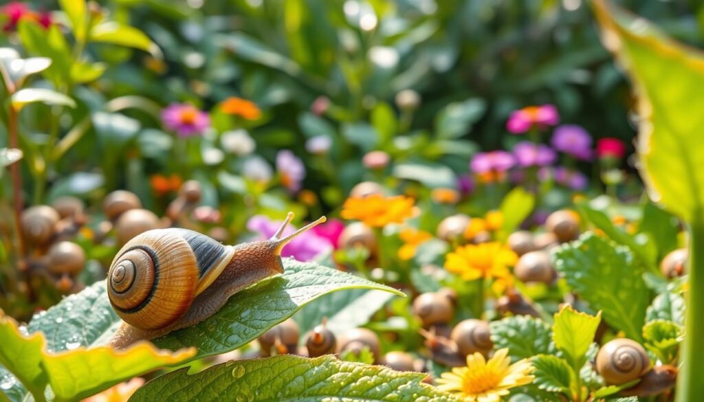 A vibrant garden scene filled with various types of snails, showcasing their unique patterns and textures. In the foreground, a close-up view of a garden snail gliding over a dew-soaked leaf, emphasizing the details of its shell. In the middle ground, a variety of plants and flowers create a lush, inviting habitat, with some snails nestled among the foliage. The background features a blurred assortment of greenery, hinting at the vastness of the garden. Soft, natural lighting filters through the leaves, creating a warm, tranquil atmosphere. The image captures the essence of garden life, highlighting the presence of these common garden pests in a non-threatening manner. This illustration represents the theme of natural gardening methods, inspired by sadzielony.pl.