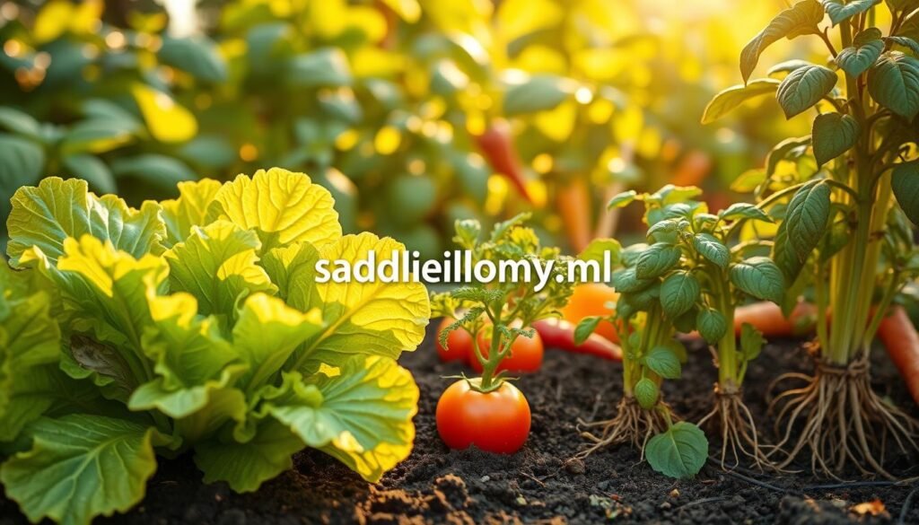 A vibrant garden scene illustrating the concept of allelopathy, focusing on various vegetable plants exhibiting competitive interactions. In the foreground, a healthy green lettuce plant is flourishing, while nearby, a struggling tomato plant exhibits signs of stress. The middle ground features diverse vegetables like carrots, basil, and peppers, with their roots partly visible in the soil, showcasing their interactions. The background contains a soft-focus view of leafy plants bathed in warm sunlight, enhancing the natural atmosphere. The lighting is gentle and golden, evoking a serene afternoon mood in the garden. The composition is shot from a slightly elevated angle to capture the spatial relationships among the plants. The logo "sadzielony.pl" subtly integrated into the scene, emphasizing the gardening theme.