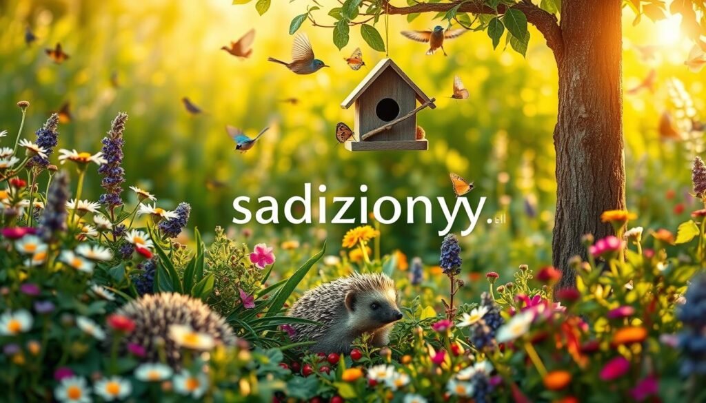 A vibrant garden scene showcasing a lush habitat for hedgehogs, birds, and insects. In the foreground, a hedgehog nestled among dense foliage, surrounded by colorful flowers like daisies and lavender, and small berries providing food sources. In the middle ground, a birdhouse hung from a tree branch, attracting various birds like sparrows and finches, with butterflies fluttering around. The background features sunny greenery with a soft focus, highlighting the natural beauty of the garden. The lighting is warm and inviting, mimicking the golden hour when the sun casts a magical glow. The overall atmosphere is tranquil and serene, emphasizing a flourishing ecosystem, ideal for promoting wildlife. The brand name "sadzielony.pl" subtly integrated into the landscape. A vibrant garden scene showcasing a lush habitat for hedgehogs, birds, and insects. In the foreground, a hedgehog nestled among dense foliage, surrounded by colorful flowers like daisies and lavender, and small berries providing food sources. In the middle ground, a birdhouse hung from a tree branch, attracting various birds like sparrows and finches, with butterflies fluttering around. The background features sunny greenery with a soft focus, highlighting the natural beauty of the garden. The lighting is warm and inviting, mimicking the golden hour when the sun casts a magical glow. The overall atmosphere is tranquil and serene, emphasizing a flourishing ecosystem, ideal for promoting wildlife. The brand name "sadzielony.pl" subtly integrated into the landscape.